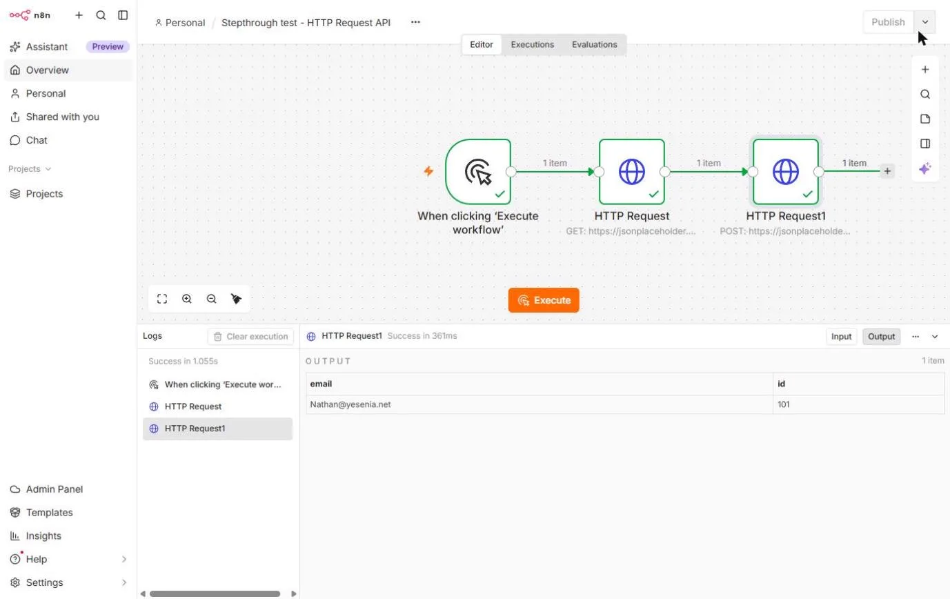 n8n workflow with a manual trigger and two HTTP Request nodes, all green with 1 item, and the Logs panel showing the POST reply with email and id 101