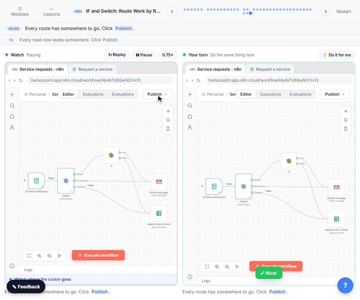 n8n canvas with form trigger, Switch and If nodes routing to Gmail and Google Sheets, ready to publish