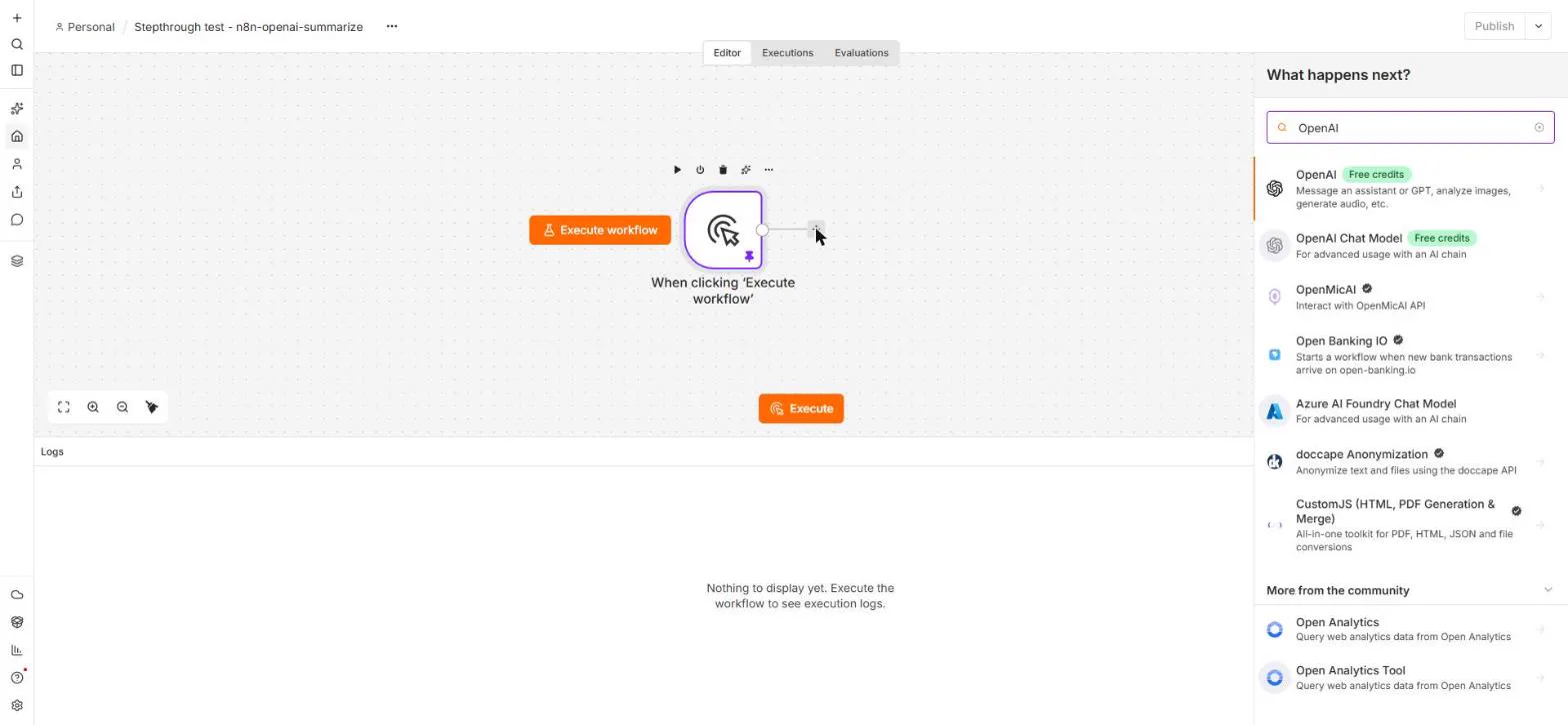 n8n What happens next? panel searched for OpenAI, showing the OpenAI node with a Free credits tag