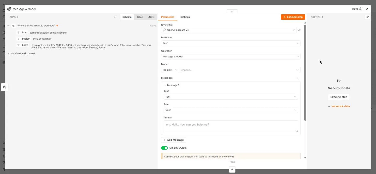 n8n OpenAI Message a model node with three pinned emails in INPUT, and Credential, Resource Text, Operation Message a Model, Model, Message 1 and Prompt fields
