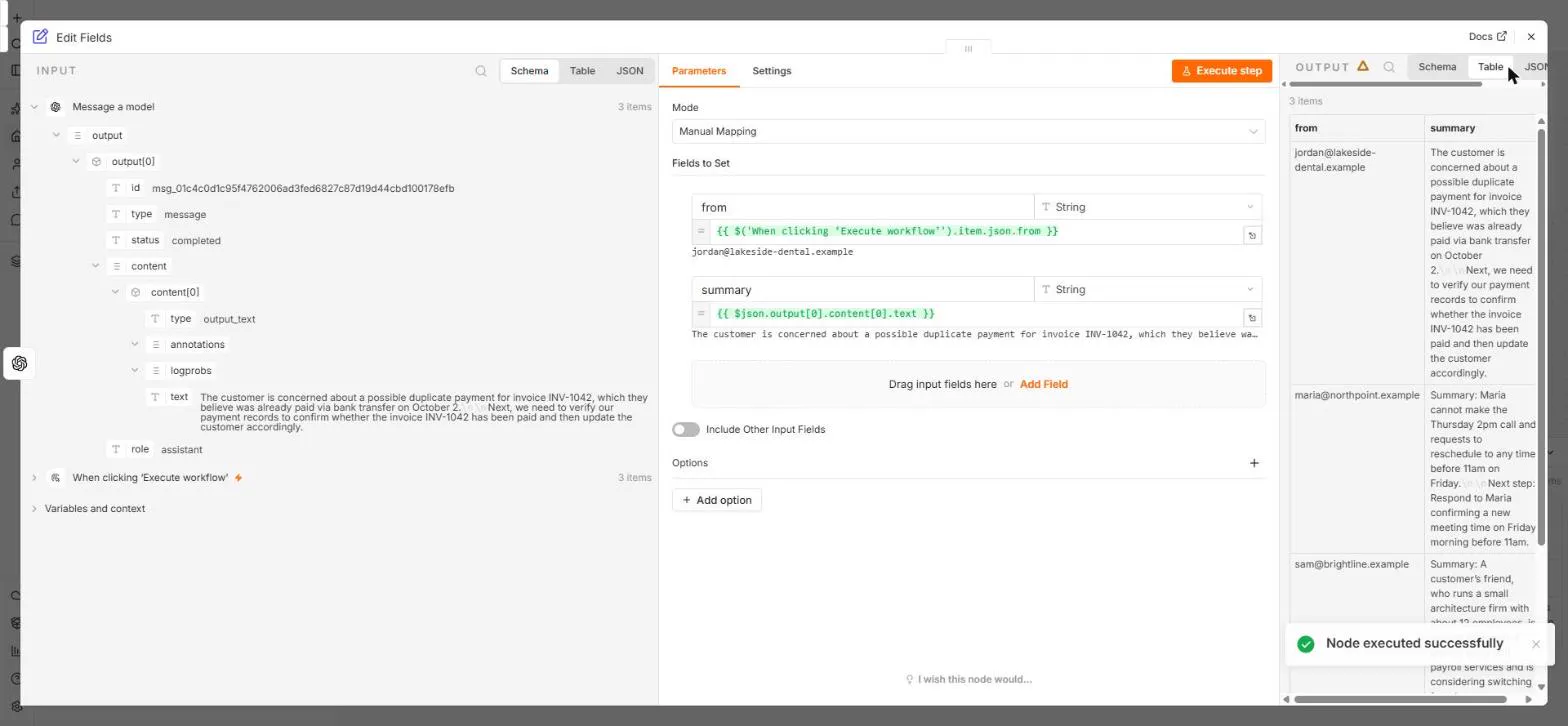 n8n Edit Fields with from taken from the trigger and summary from the OpenAI answer, and an OUTPUT table of 3 items with each sender and summary