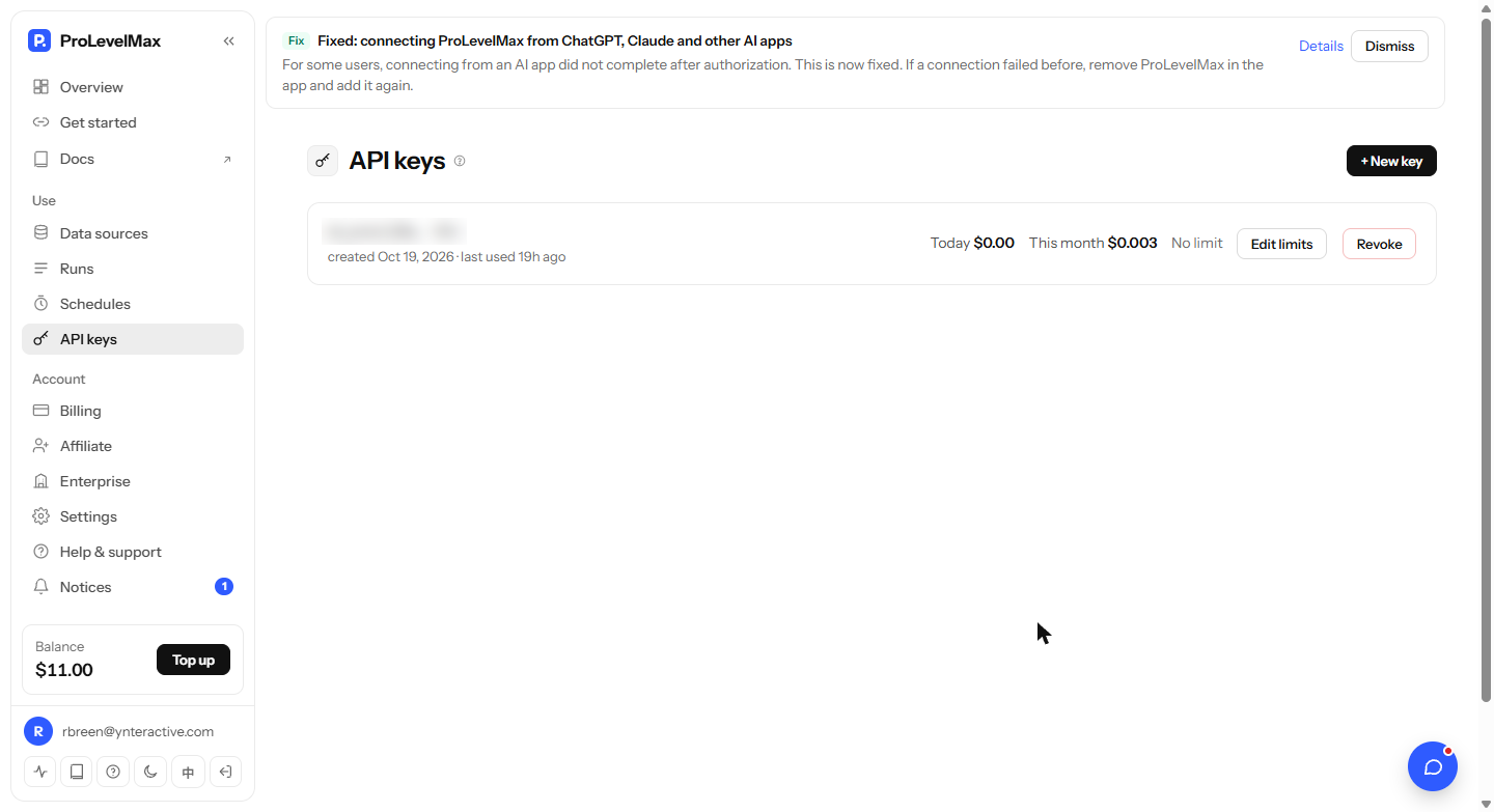 ProLevelMax console API keys page with the New key button