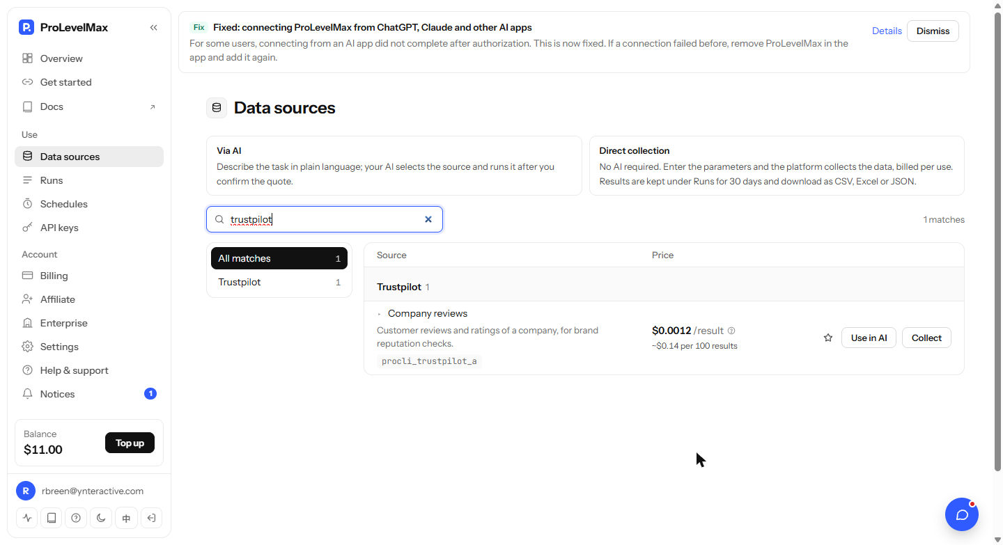 ProLevelMax Data sources filtered to Trustpilot: Company reviews, procli_trustpilot_a, $0.0012 per result