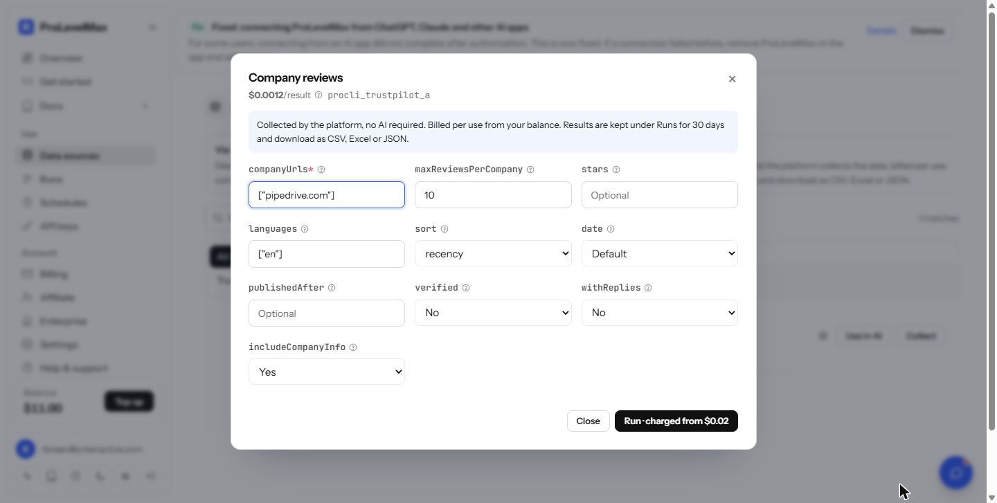 ProLevelMax Collect form for Company reviews with companyUrls, maxReviewsPerCompany, stars, languages, sort, date and other fields