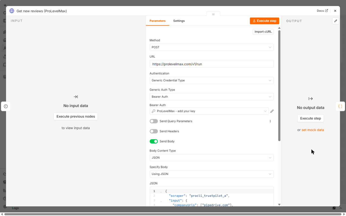 n8n HTTP Request node: POST https://prolevelmax.com/v1/run with Bearer Auth and the credential ProLevelMax - add your key
