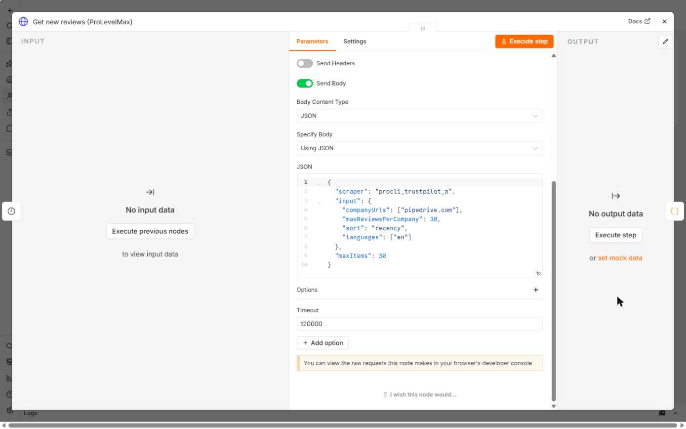 n8n HTTP Request JSON body with scraper procli_trustpilot_a, companyUrls pipedrive.com, 30 reviews, sort recency, English, and a 2-minute timeout