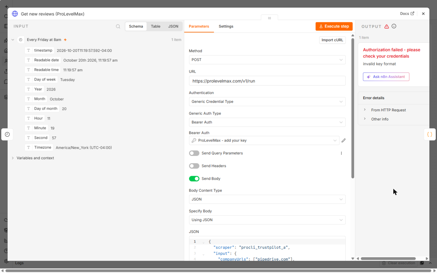 n8n HTTP Request node after a test run with a placeholder key: Authorization failed, invalid key format