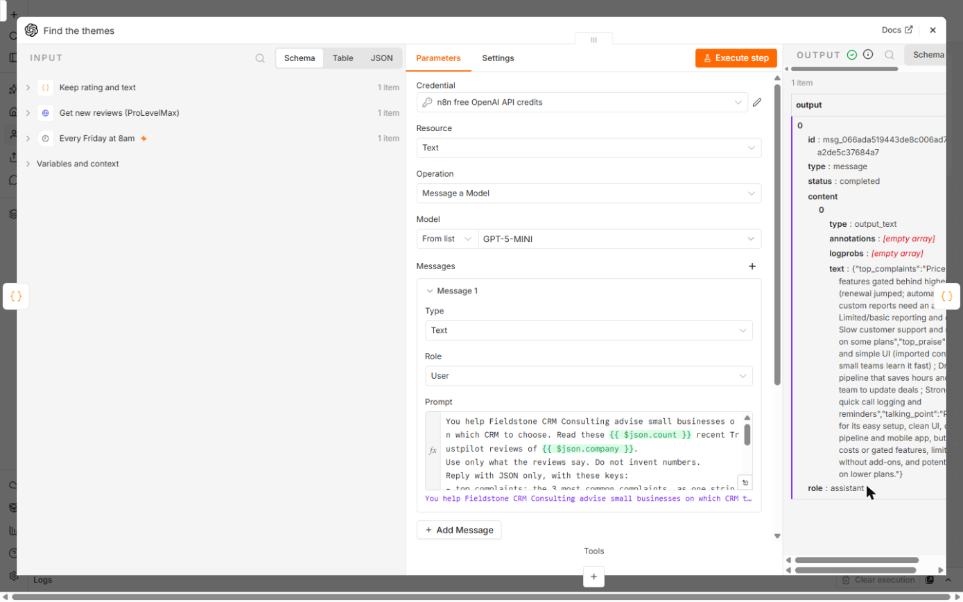 n8n OpenAI node prompt asking for top complaints, top praise and a talking point as JSON, with the answer for sample reviews