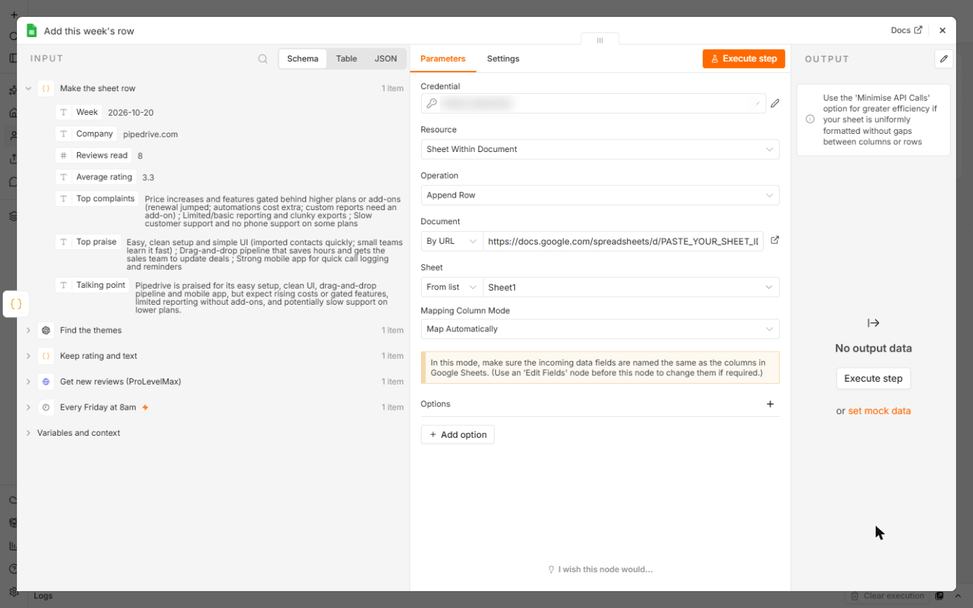 n8n Google Sheets Append Row node with a placeholder sheet URL and Map Automatically
