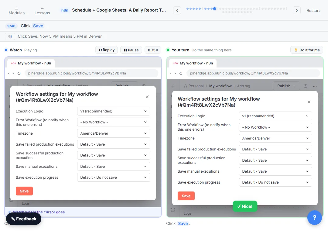 n8n workflow settings dialog with the time zone set to America/Denver, ready to save