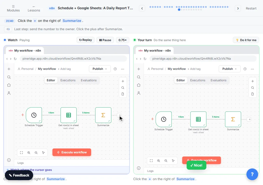 n8n canvas with Schedule Trigger, Google Sheets Get row(s) and Summarize nodes connected in a row