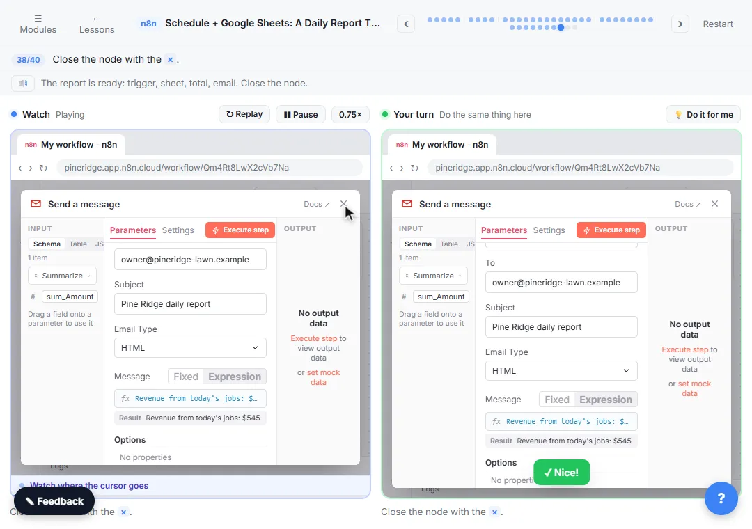 n8n Gmail Send a message node with the daily report subject and today's revenue total in the body