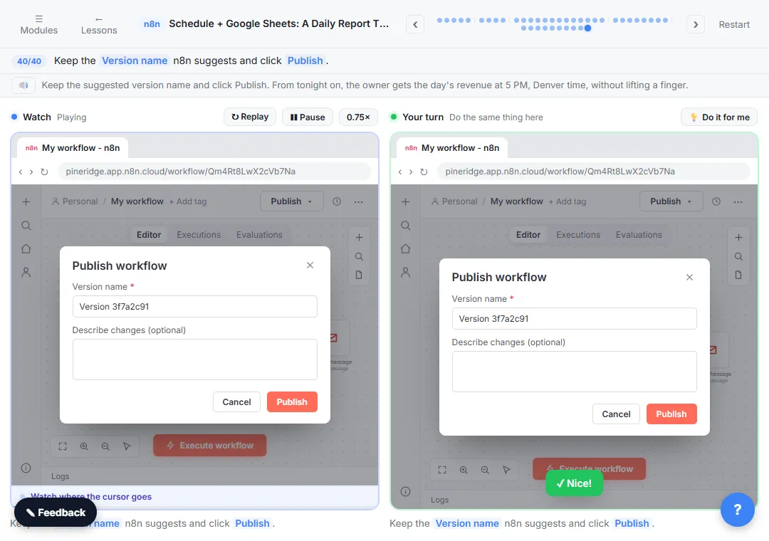 n8n Publish workflow dialog with a suggested version name and the Publish button