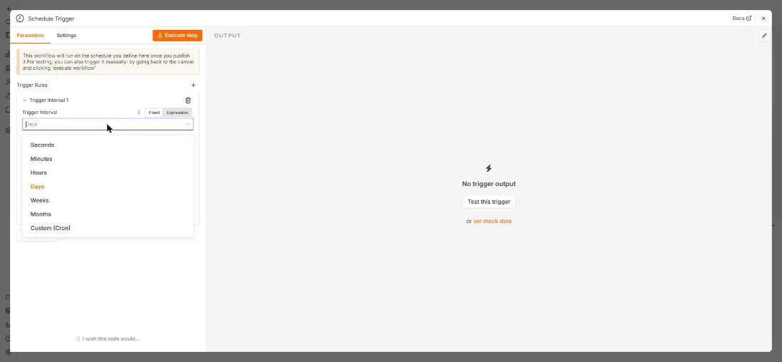 n8n Schedule Trigger with the Trigger Interval list open: Seconds, Minutes, Hours, Days, Weeks, Months and Custom (Cron)