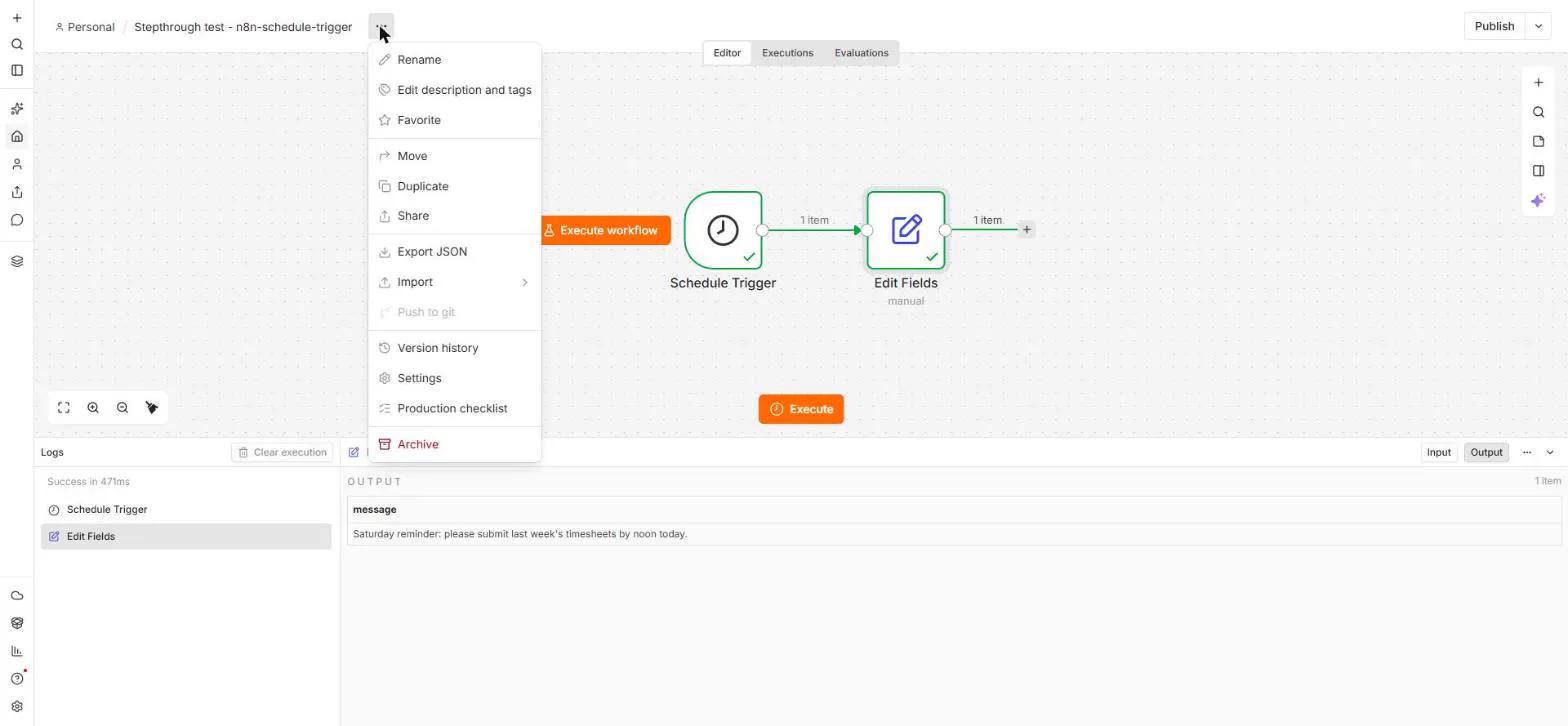 The n8n workflow menu next to the workflow name, with Rename, Duplicate, Export JSON, Version history, Settings and Archive
