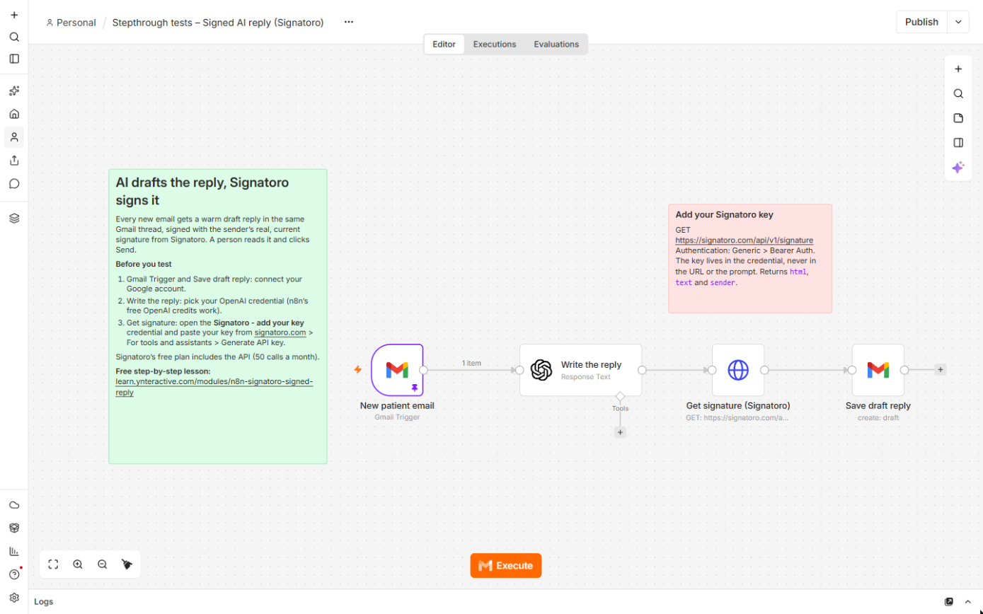 n8n canvas with four nodes: New patient email (Gmail Trigger), Write the reply (OpenAI), Get signature (Signatoro) and Save draft reply (Gmail), plus setup notes