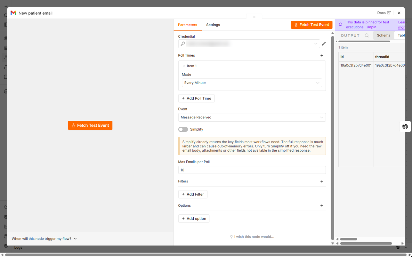 n8n Gmail Trigger set to poll every minute with Simplify turned off, and a pinned sample email