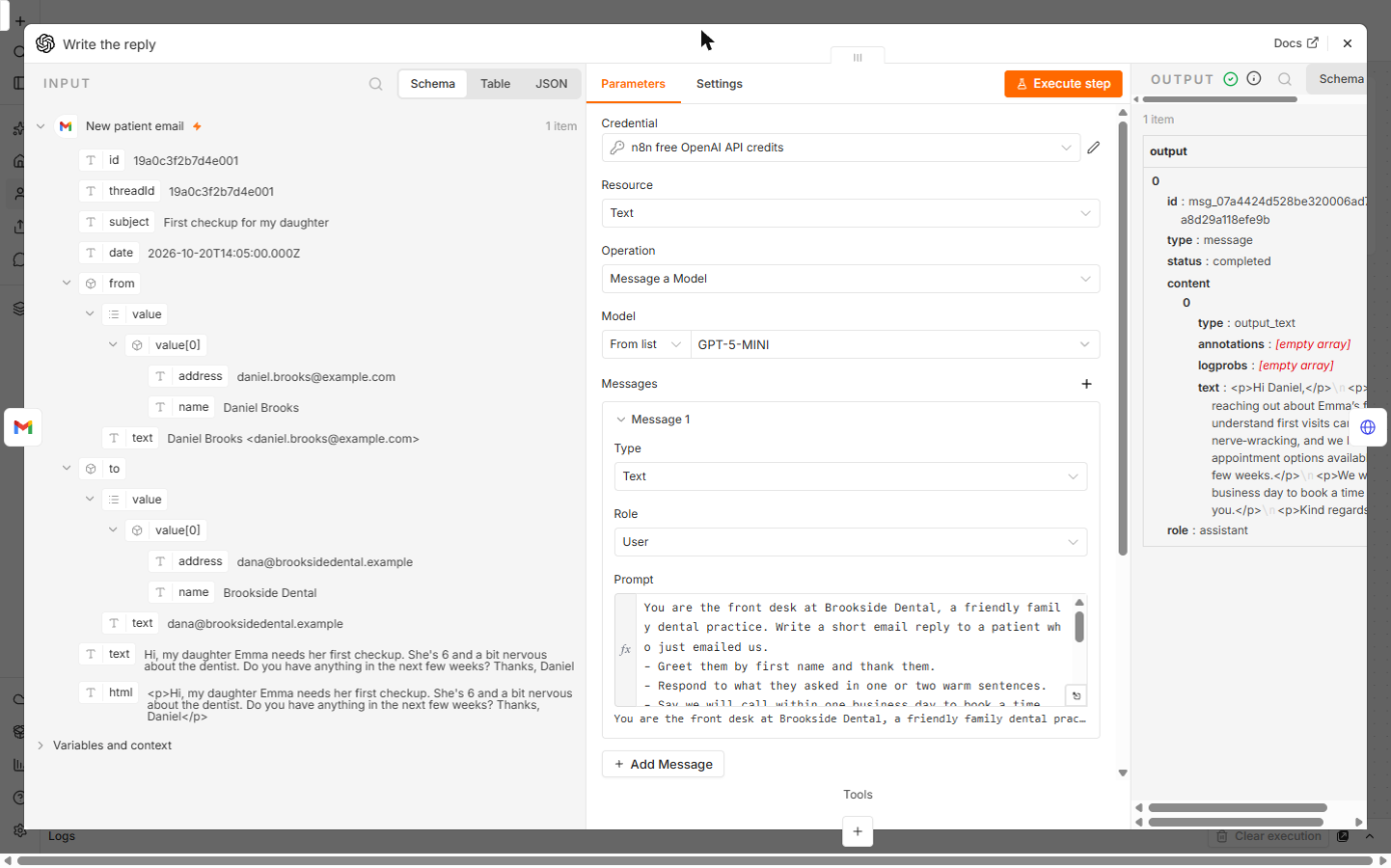 n8n OpenAI Message a Model node using n8n's free OpenAI credits, with the reply prompt and the reply it wrote for the sample email
