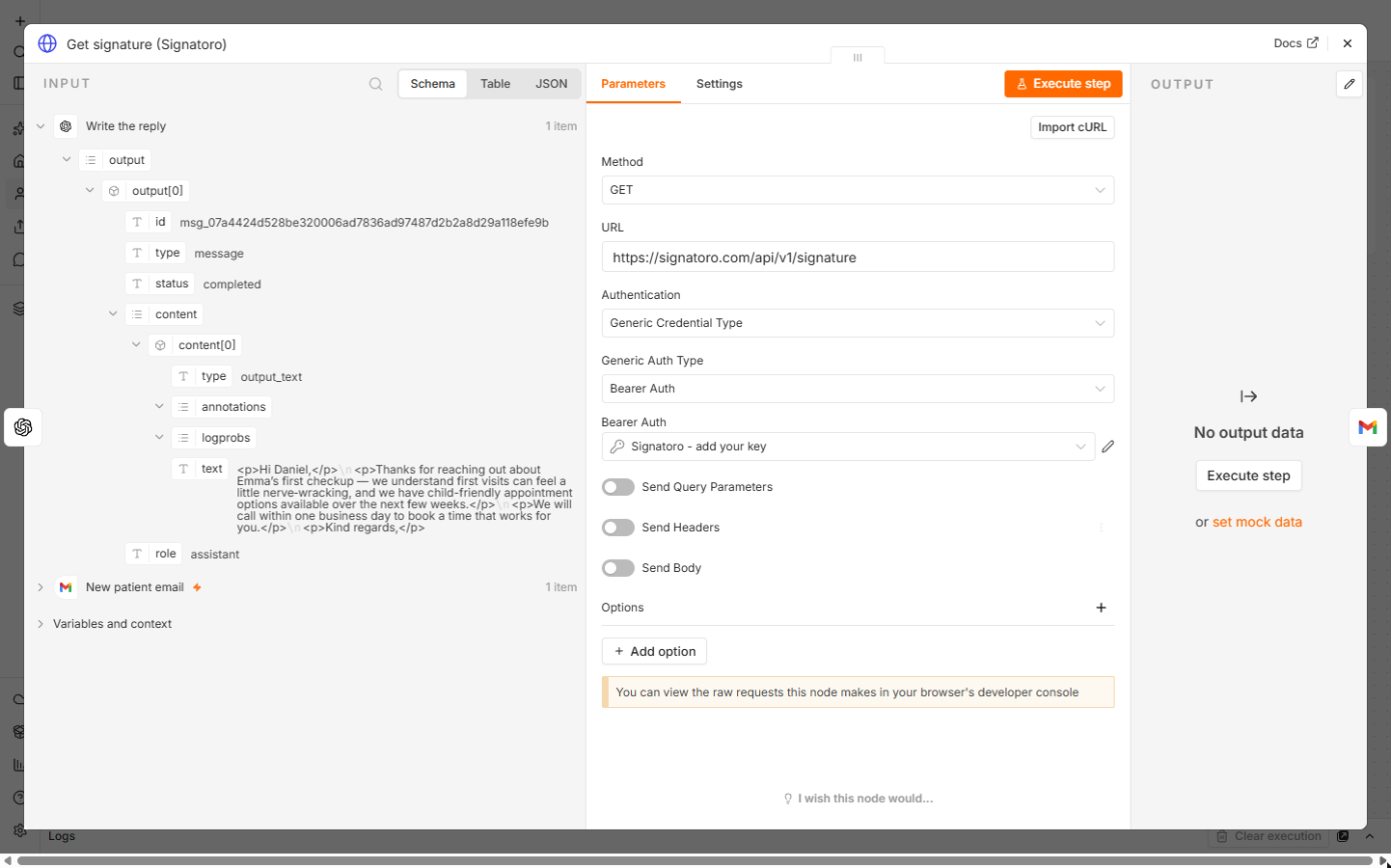 n8n HTTP Request node: GET https://signatoro.com/api/v1/signature with Generic Credential Type, Bearer Auth and the credential Signatoro - add your key