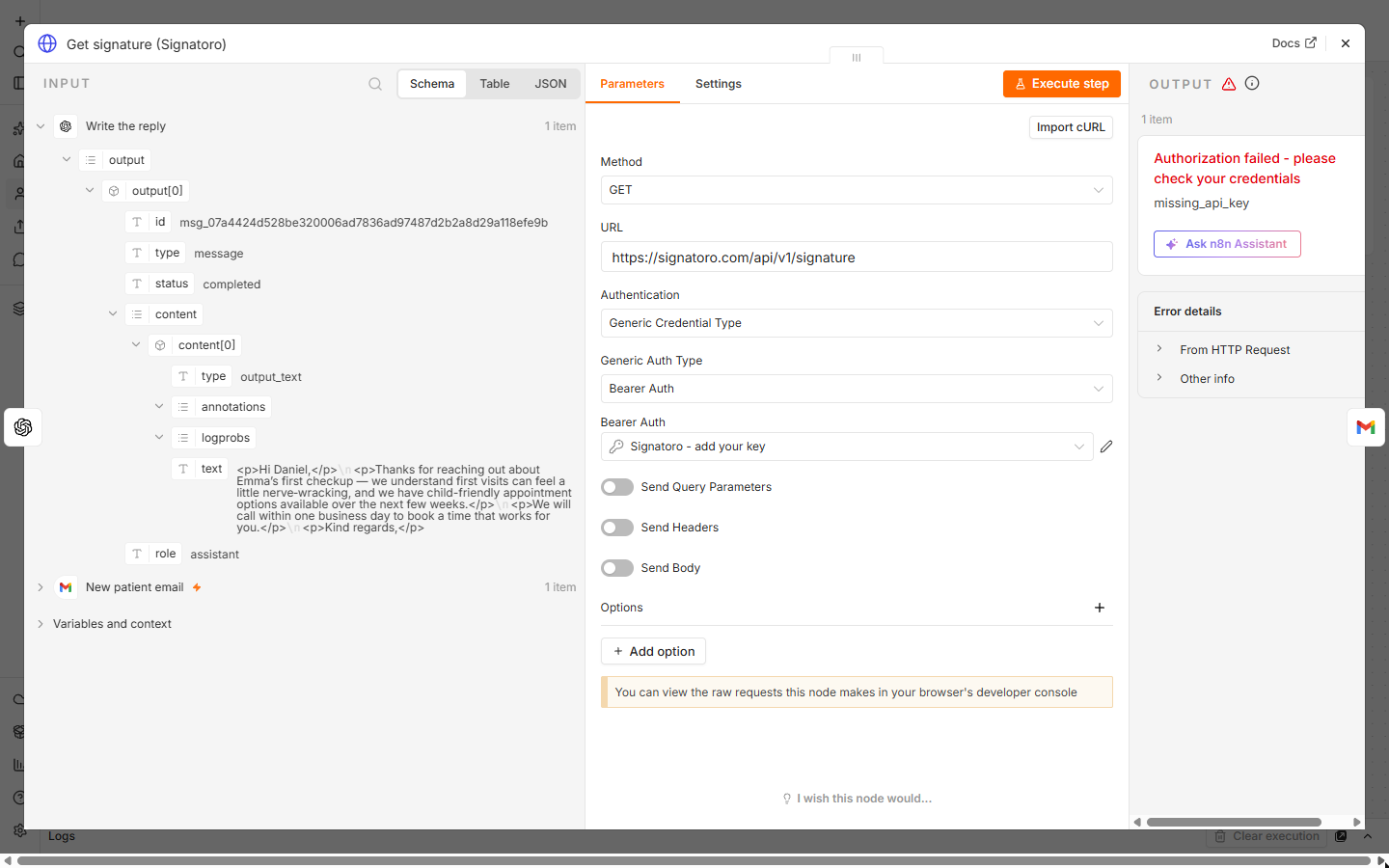 n8n HTTP Request node after a test run with a placeholder key: Authorization failed, missing_api_key