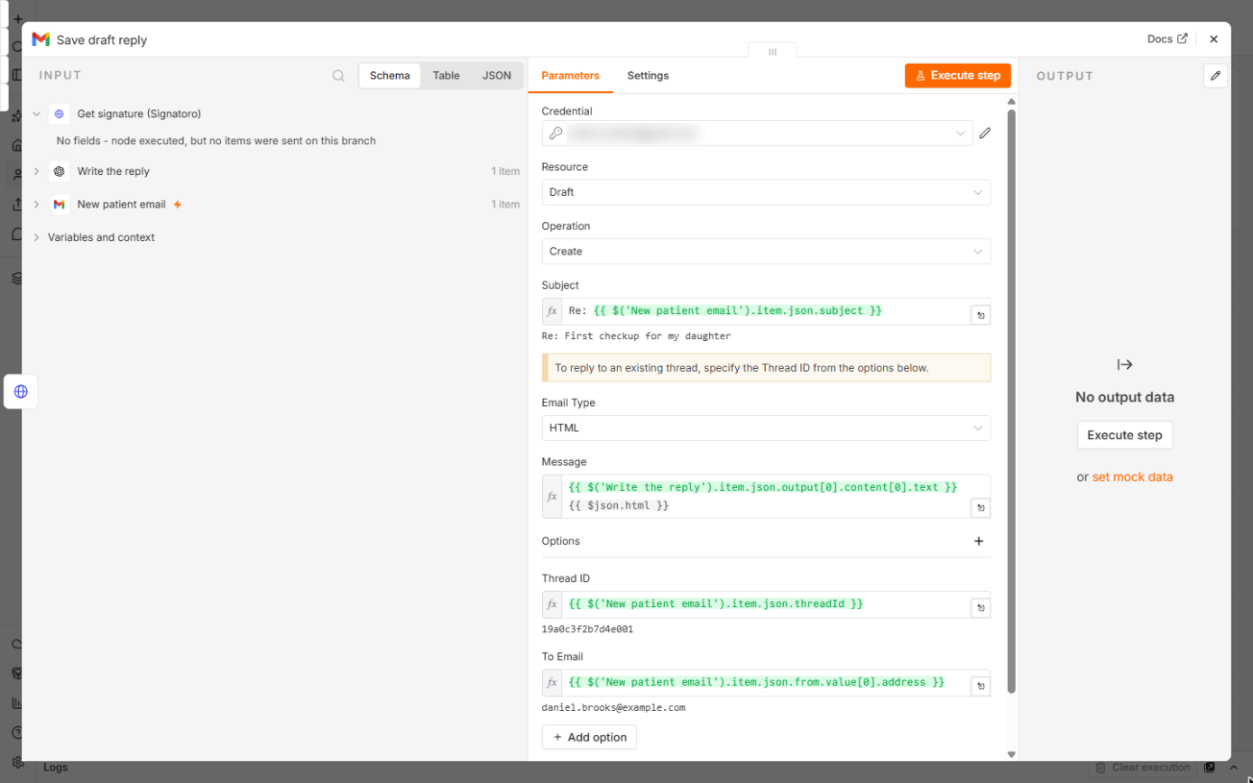 n8n Gmail node set to Draft, Create, with subject Re: plus the email subject, Email Type HTML, the reply followed by the Signatoro signature, Thread ID and To Email