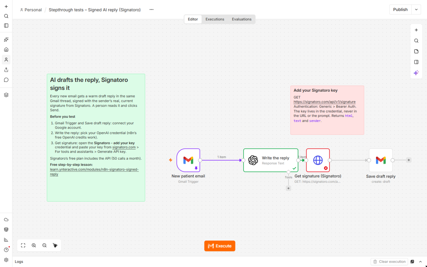n8n canvas after a test run: the trigger and OpenAI succeeded and the Signatoro call stopped on the placeholder key