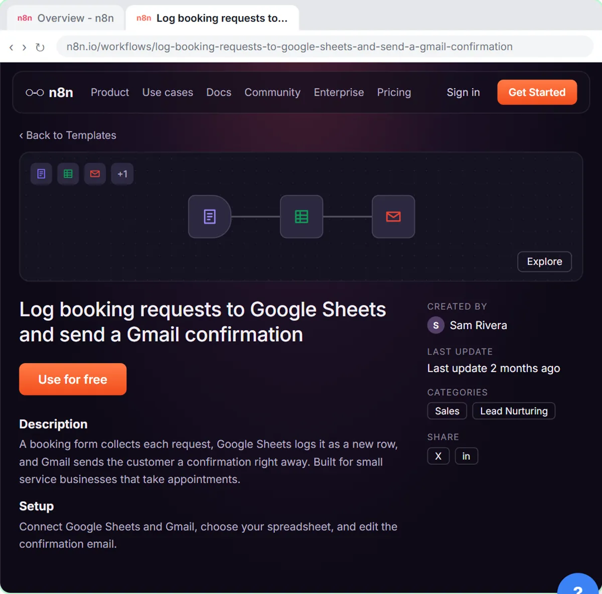n8n template page for logging booking requests to Google Sheets with a Gmail confirmation