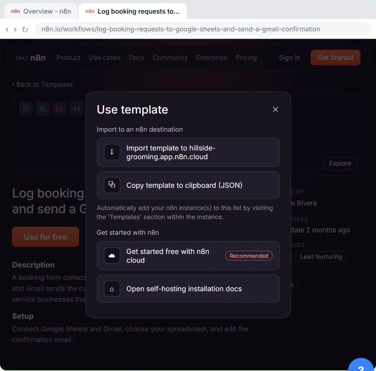 n8n Use template dialog with the option to import the workflow into your n8n cloud workspace