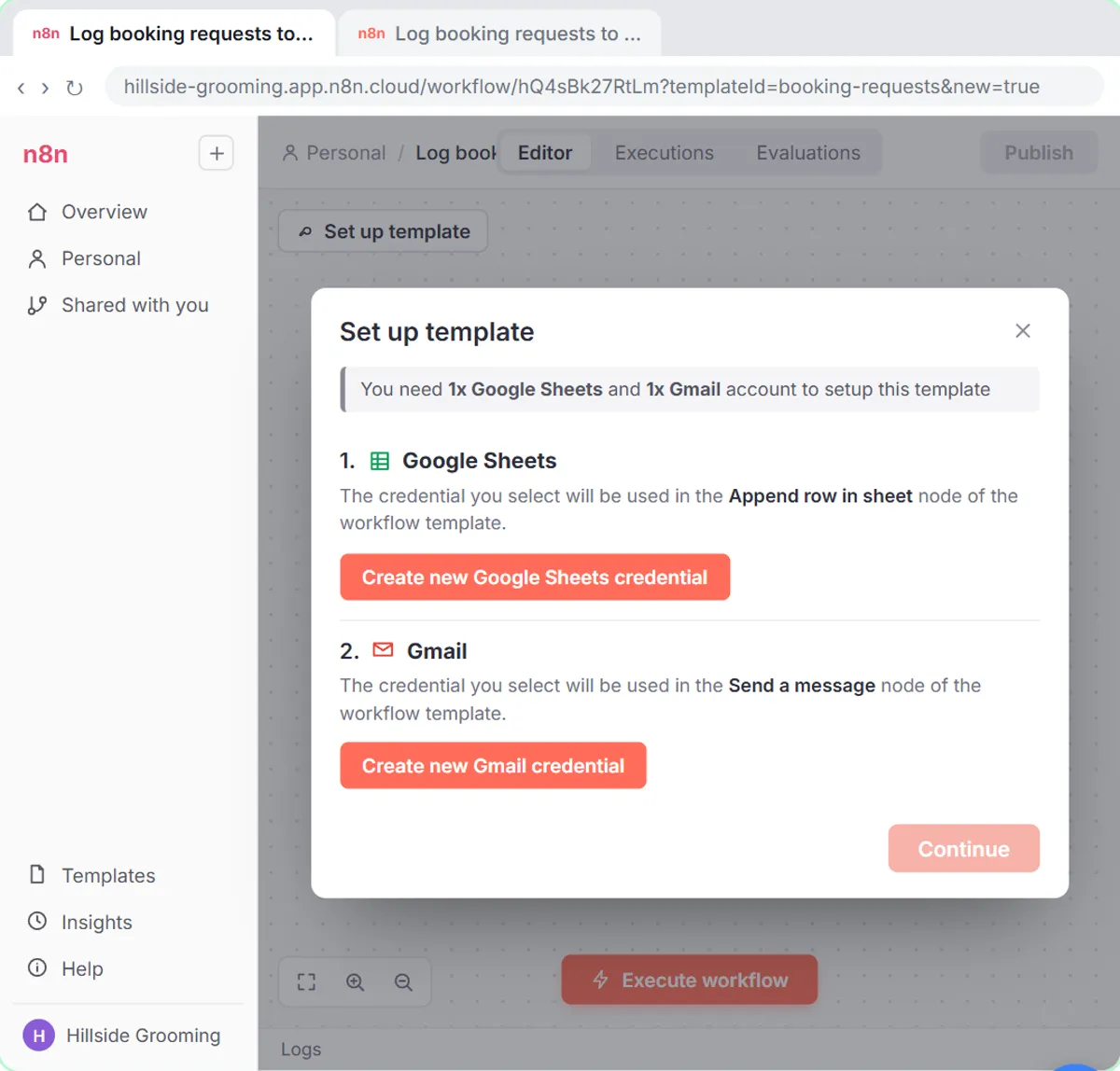 n8n Set up template panel asking you to create Google Sheets and Gmail credentials