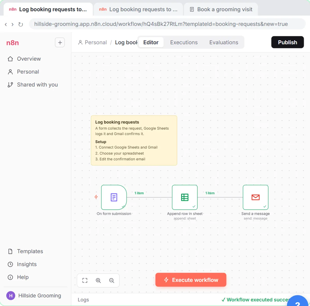 Imported n8n workflow with form trigger, Google Sheets and Gmail nodes after a successful test run