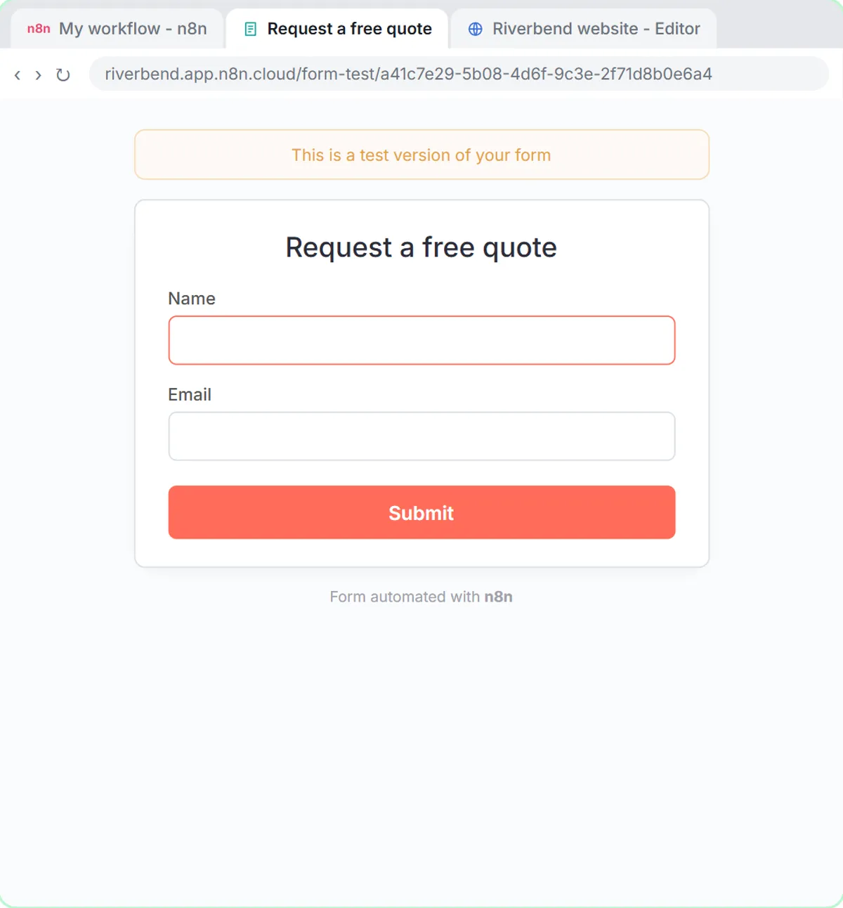 n8n test version of the Request a free quote form with name and email fields