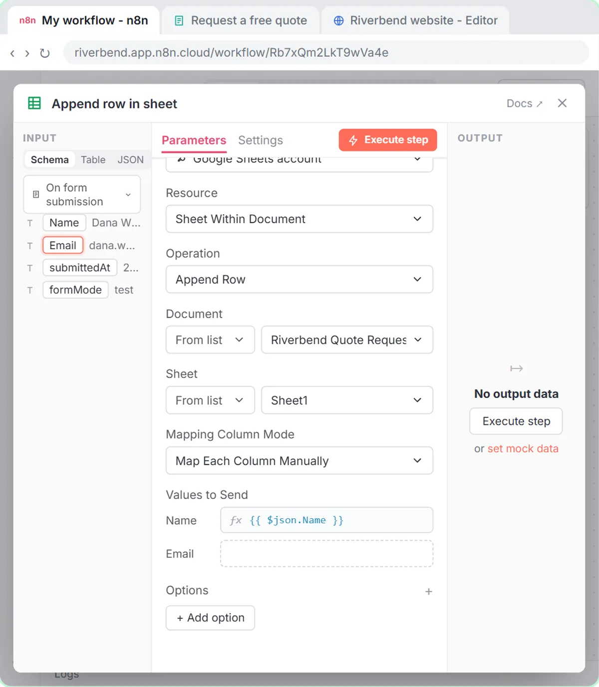 n8n Google Sheets Append row in sheet node mapping form name and email to columns