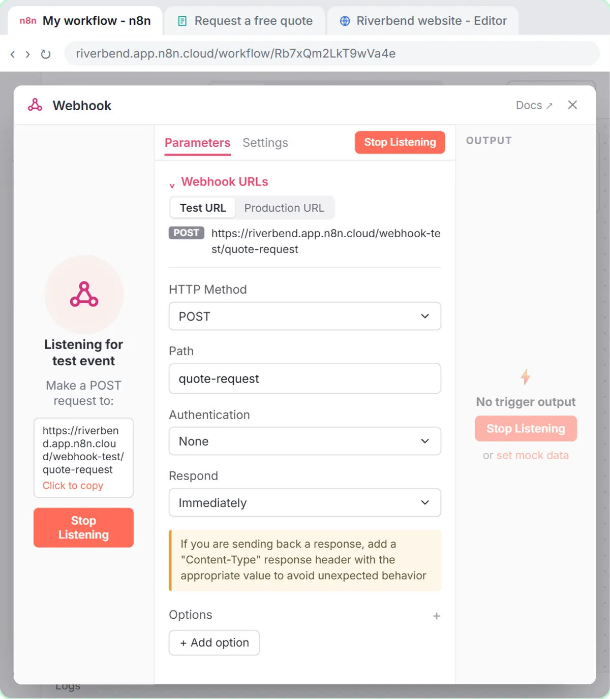 n8n Webhook node listening for a test POST request at the quote-request path