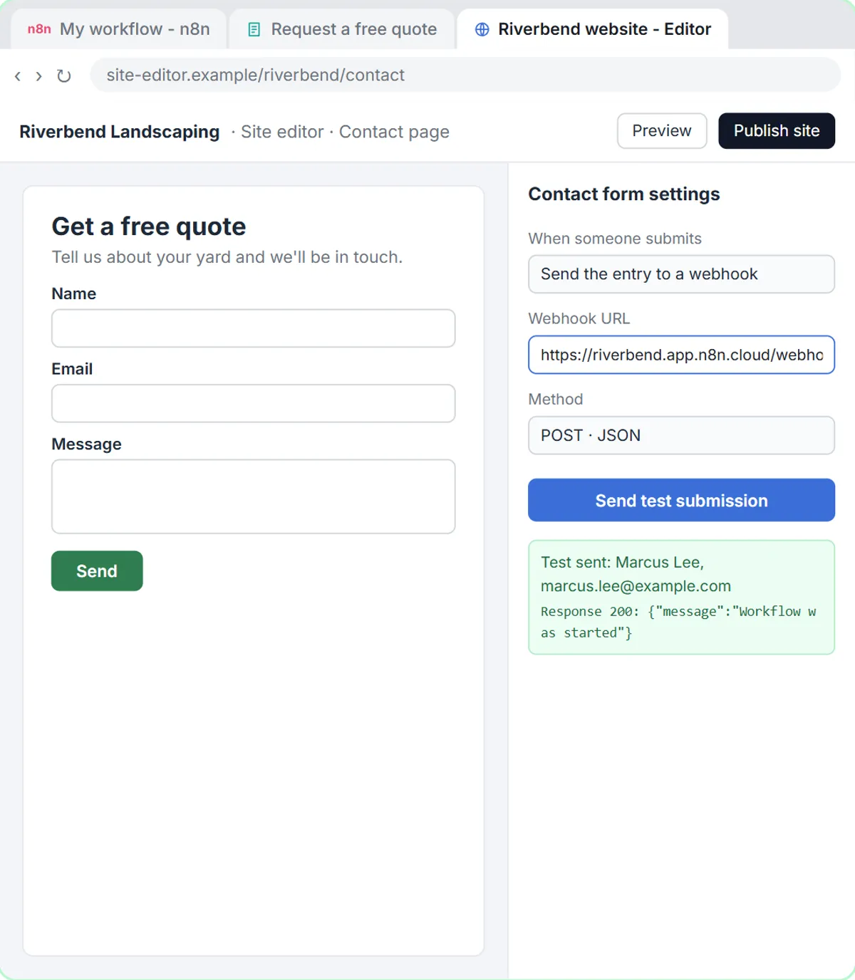 Website contact form settings sending a test entry to the n8n webhook URL, response 200