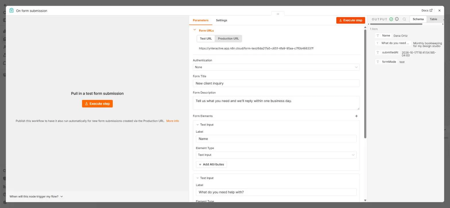 n8n On form submission node with the Form URLs, Form Title New client inquiry and two Text Input elements, and an OUTPUT of 1 item with Name Dana Ortiz and formMode test