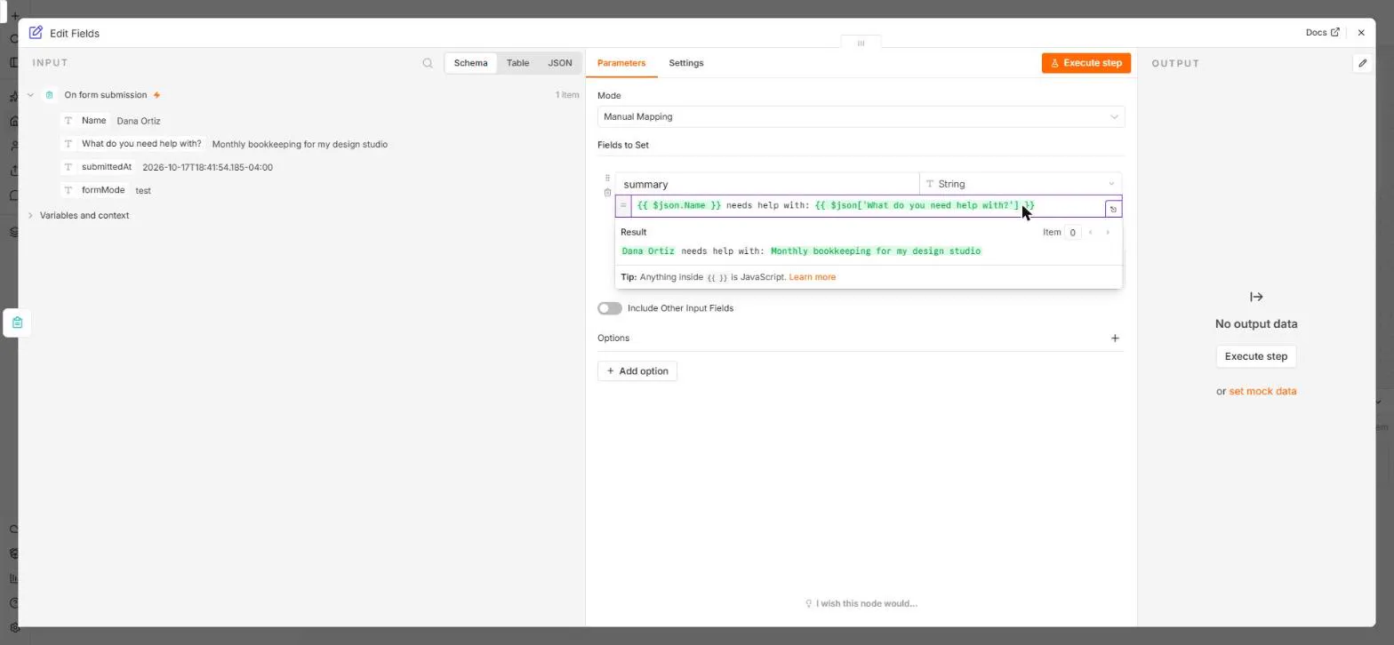 An n8n Edit Fields node writing a summary from a form submission with an expression