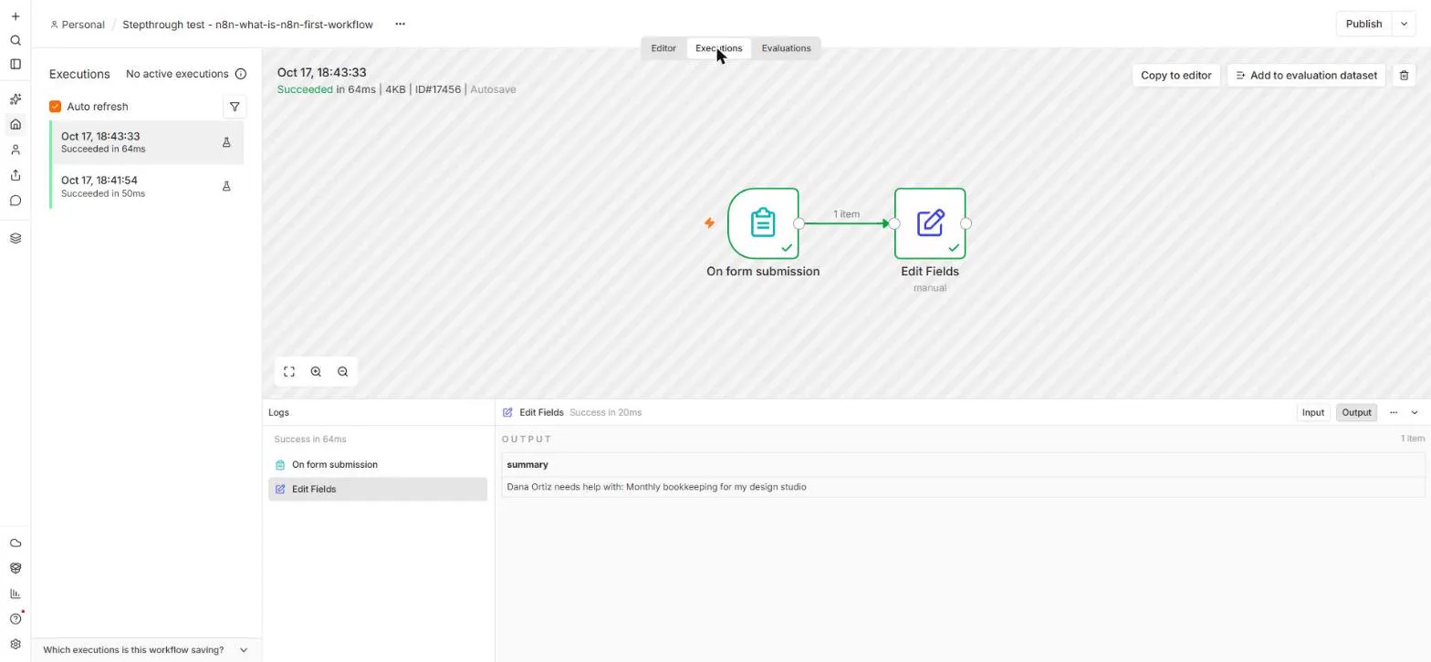 n8n Executions tab listing two test runs that Succeeded, with the On form submission and Edit Fields nodes both green