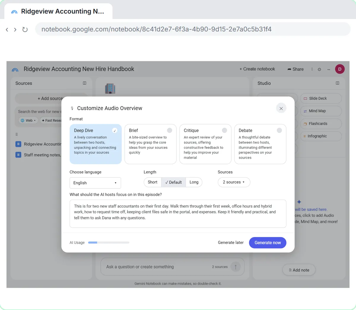 NotebookLM Customize Audio Overview window with the Deep Dive, Brief, Critique and Debate formats, language, length and a focus for new hires