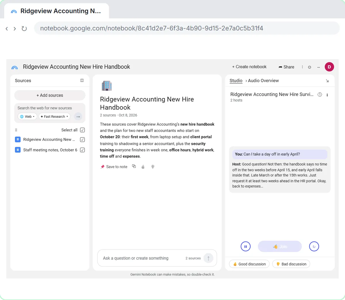 NotebookLM Interactive mode with the Join button, after a listener asked the AI hosts a question about time off
