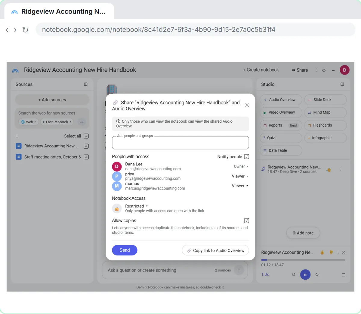 NotebookLM share window for a notebook and its Audio Overview, with two new hires added as viewers and access set to Restricted