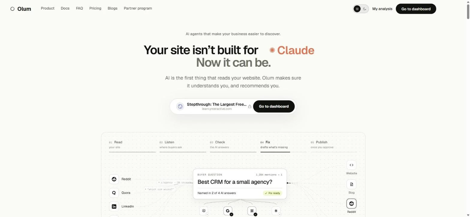 Olum's home page: Your site isn't built for Claude. Now it can be., with the site learn.ynteractive.com and a Go to dashboard button