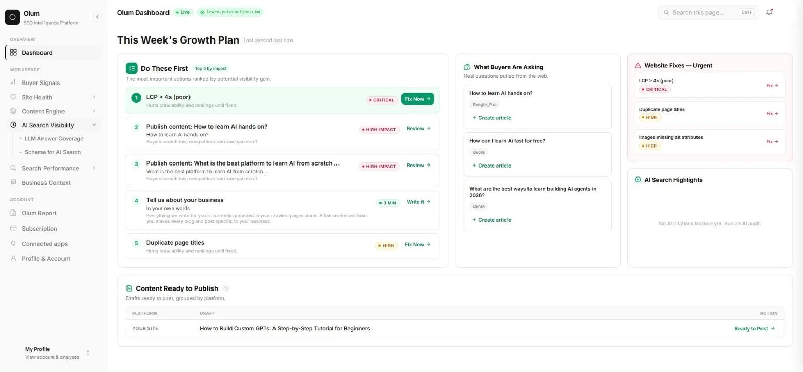 Olum sidebar with AI Search Visibility open, showing LLM Answer Coverage and Schema for AI Search