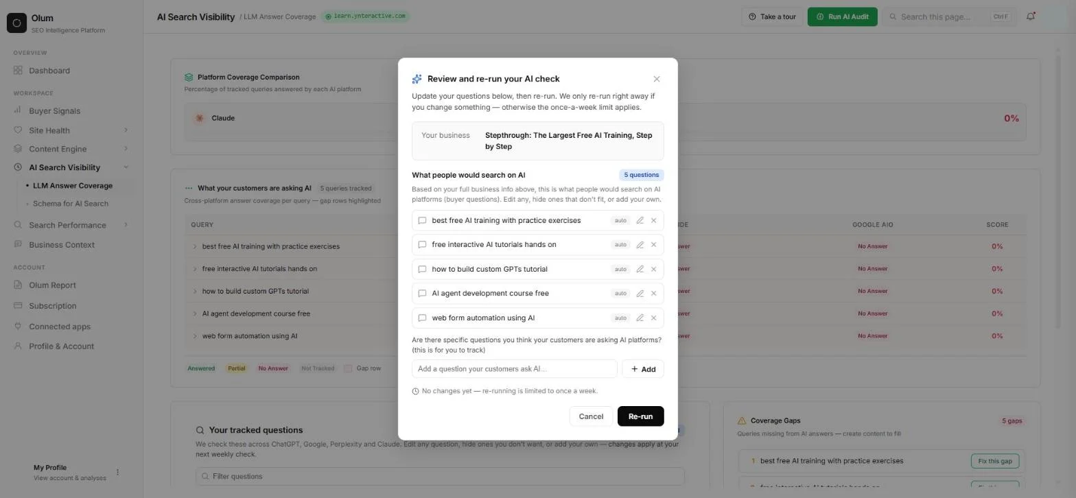 Olum's Review and re-run your AI check dialog with five suggested questions and a box to add your own