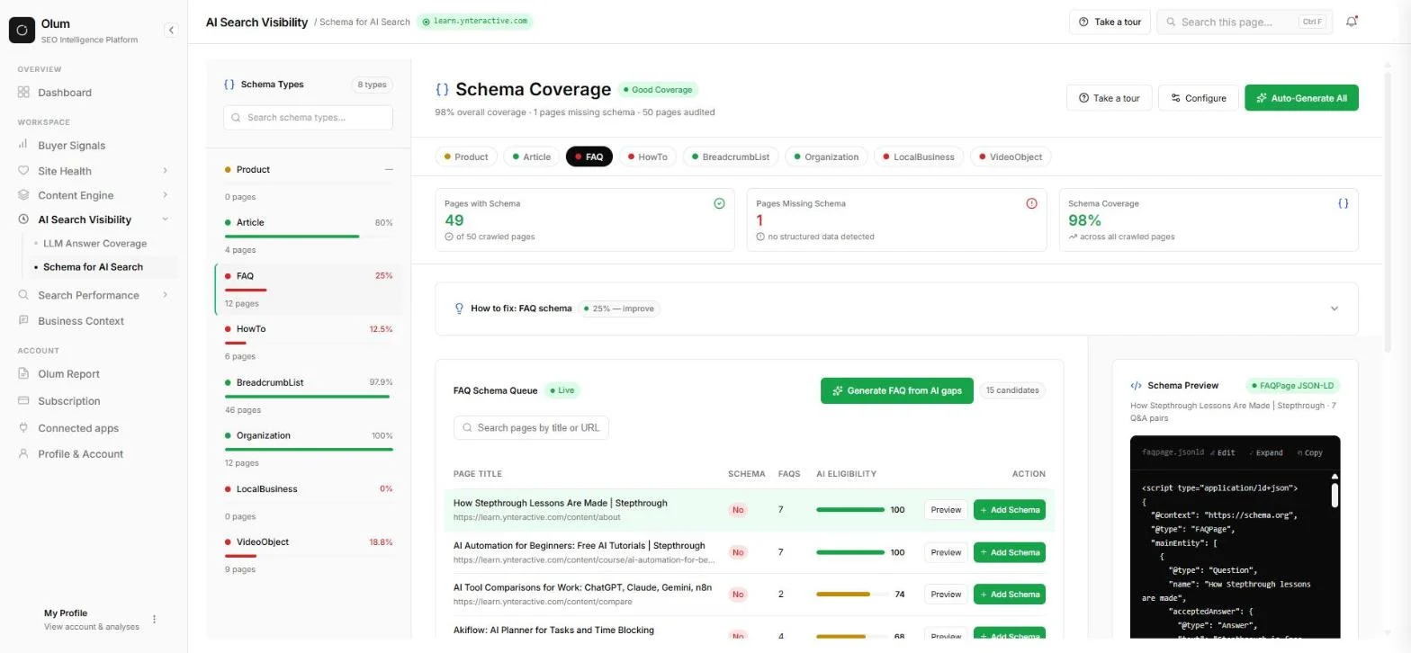 Olum Schema for AI Search: schema types with FAQ at 25%, a FAQ Schema Queue with Add Schema buttons and a FAQPage JSON-LD preview