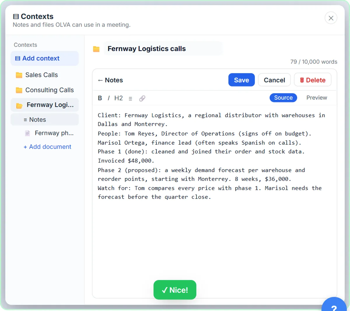 OLVA Contexts window with a client context named Fernway Logistics calls, its notes about the people, phase one and the phase two proposal, and Add document