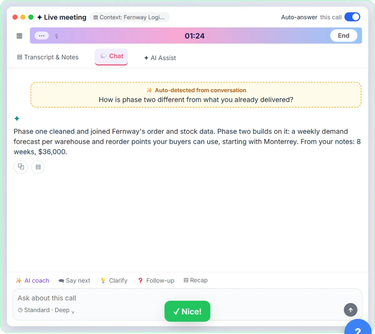 OLVA Chat tab during a live client call: a question auto-detected from the conversation and a private answer drawn from the client notes