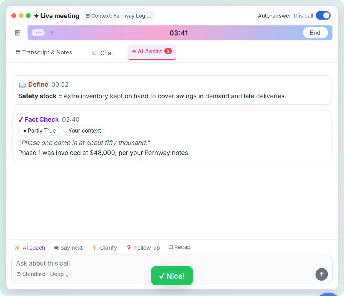 OLVA AI Assist tab with a Define card for safety stock and a Fact Check card marked Partly True that corrects a price said on the call