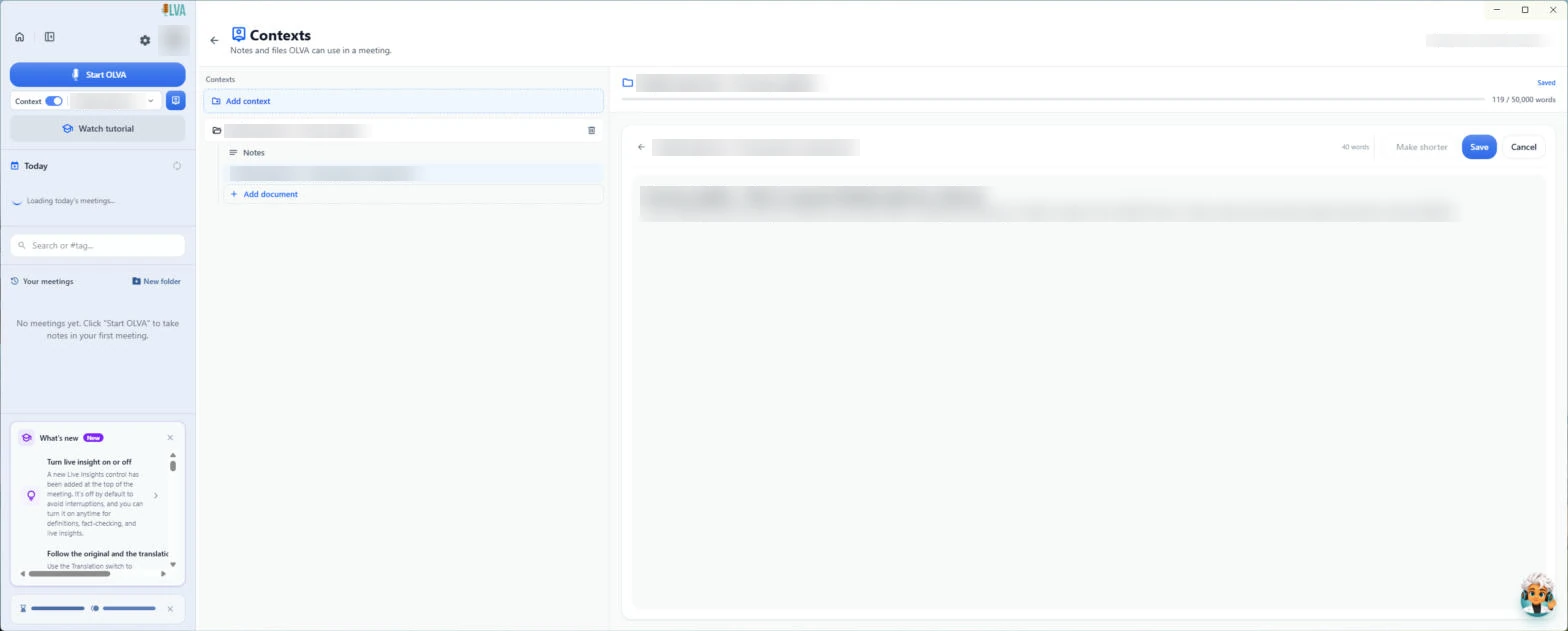 The real OLVA Contexts page (Windows desktop app) reviewing an attached document as text, with Make shorter, Save and Cancel. For interviews you save the scorecard as a note and attach the resume. Our test text and Robert's avatar are blurred
