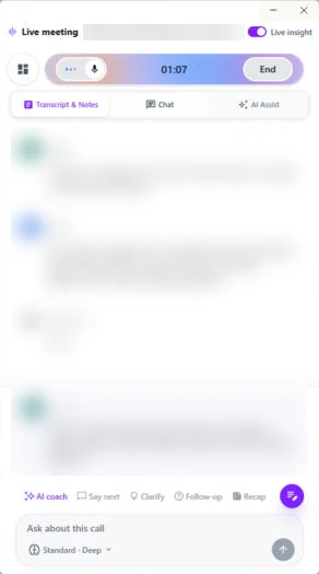 The real OLVA live window during a call, with Live insight on and the AI coach row under the transcript: AI coach, Say next, Clarify, Follow-up and Recap. Our test call's transcript is blurred