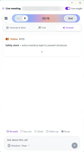 The real OLVA AI Assist tab during our test call, with a Define card from Live insight. No Fact Check card came up in that test, so check the resume yourself